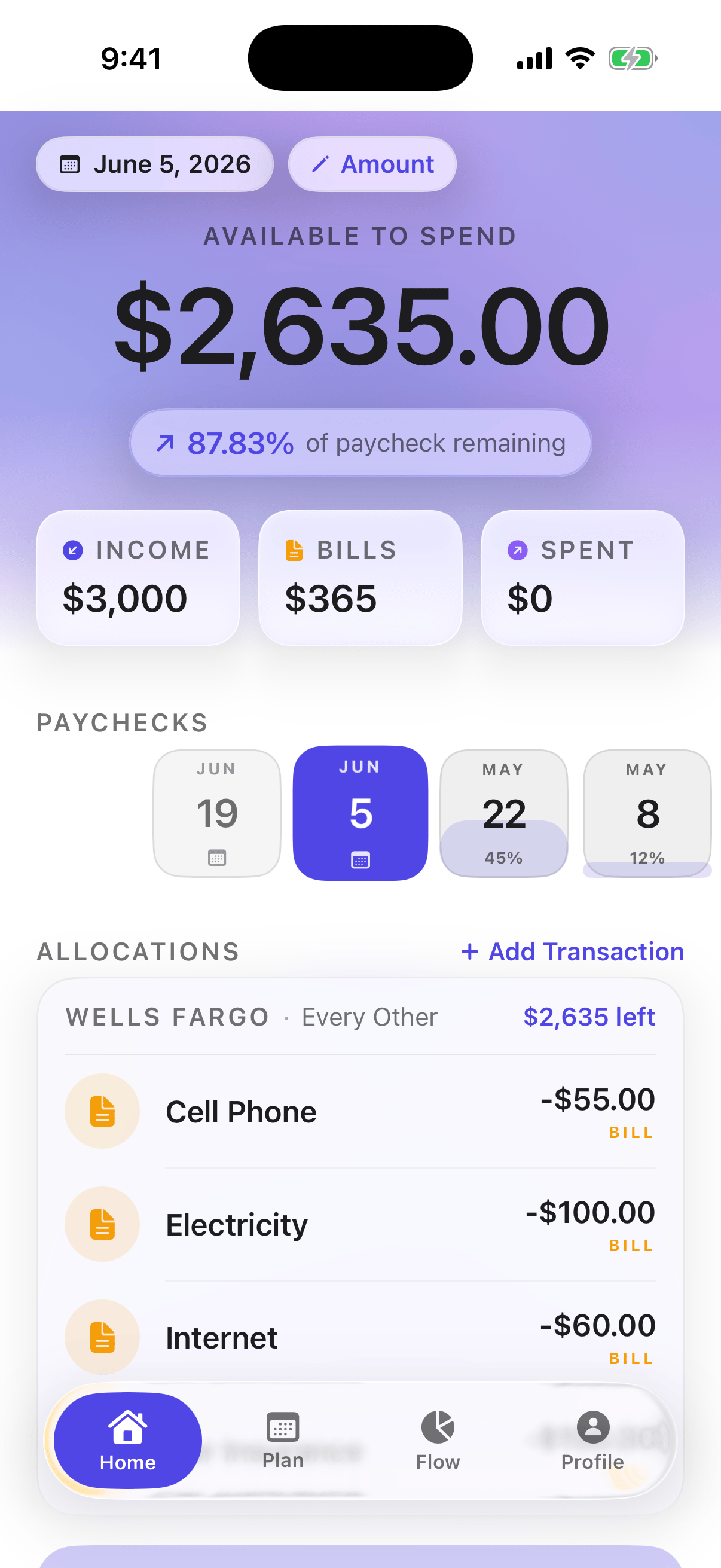 Fendu app dashboard showing available paycheck money and allocations