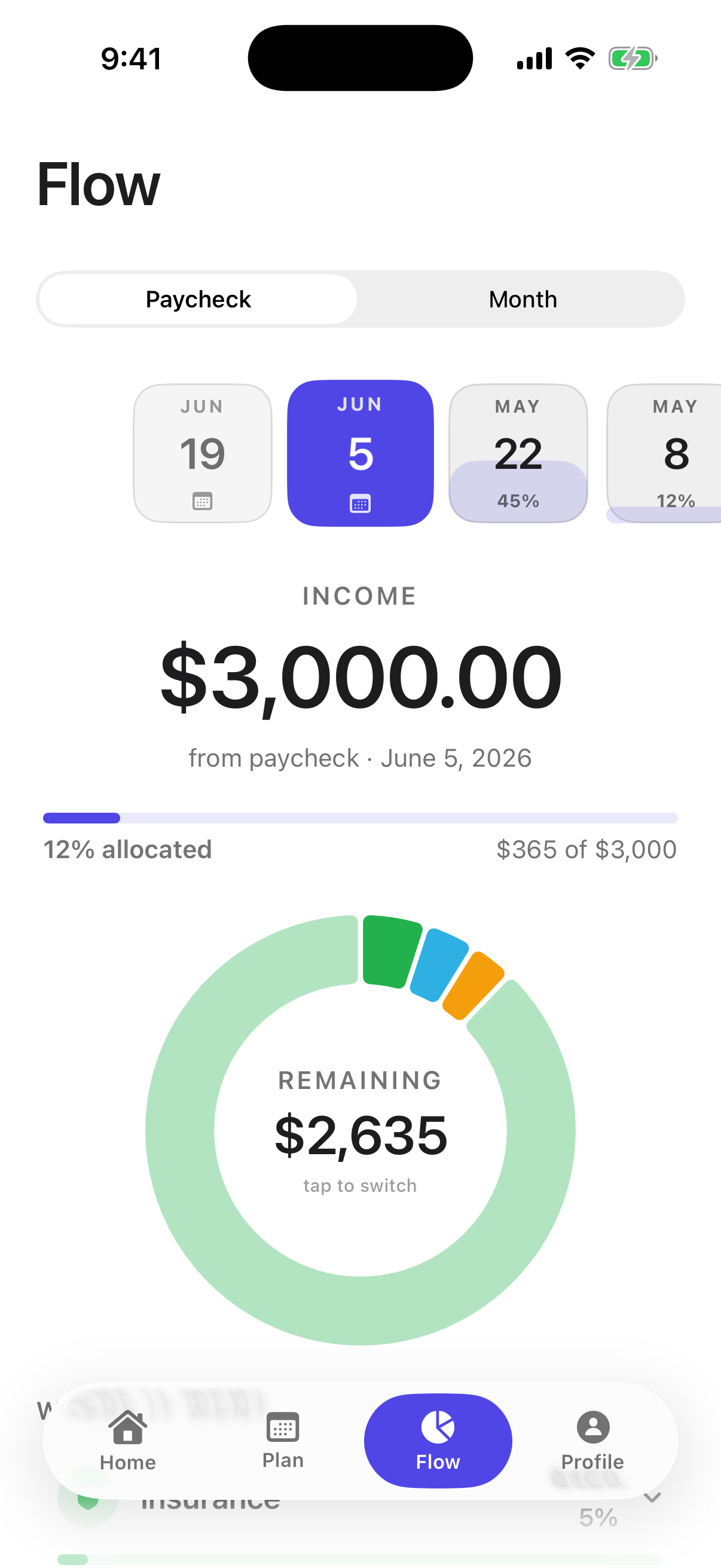 Fendu Flow tab showing paycheck income, allocation progress, and donut chart