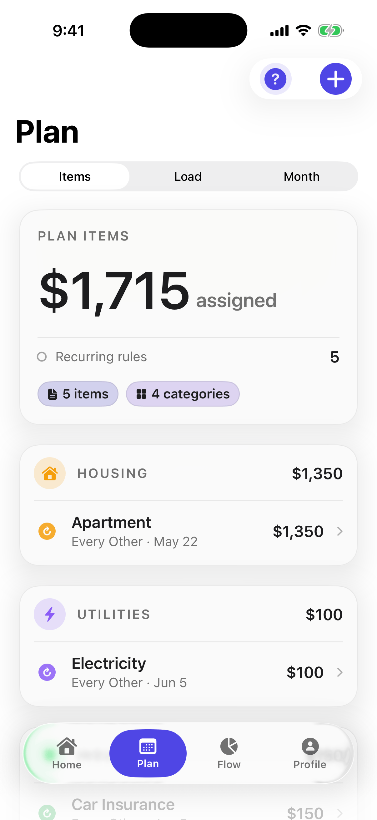 Fendu Plan tab showing recurring bills, categories, and assigned paycheck load